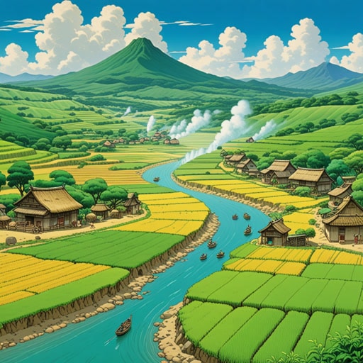 在炎热的夏天,一个小村庄被晒干的田地包围。强烈的阳光使庄稼枯萎,促使村民寻找灌溉土地的方法。一天,一位智者建议利用附近的河流来灌溉田地。采用这种方法后,曾经晒干的土地逐渐变绿,村庄因此繁荣起来。