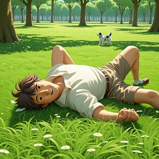 在一个安静的公园里,一个男人仰卧在草地上,陷入了沉思。微风和阳光的温暖让他感到放松。突然,一只顽皮的狗跑过来,在他旁边仰卧着,模仿他的姿势。男人笑了,与狗在共同的仰卧状态中感受到了一种联系。