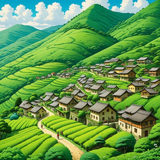 在一个被郁郁葱葱的山丘环绕的小村庄里,人们与他们的周围环境和谐共处。他们尊重环境,照顾着周围的自然美景。一天,一个旅行者来到这个村庄,被周围令人惊叹的环境所吸引。他决定留下来,向村民学习如何与自然和谐共生。