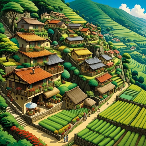 在一个小村庄里,有一片建在山坡上的美丽梯田花园。村民们喜欢在那里聚集,尤其是在收获季节。一天,一个路过的旅行者被梯田的景象所震撼,决定留下来学习梯田耕作的艺术。这个决定不仅丰富了他的生活,也给村庄带来了新的想法。