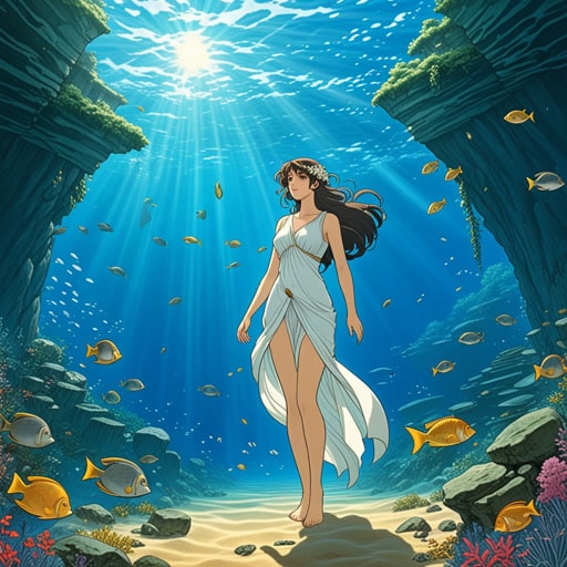 在古希腊传说中,泰坦斯,海洋的泰坦女神,以其广阔的河流和海洋领域而闻名。一天,一个凡人寻求她的帮助以找到丢失的宝藏。泰坦斯被他的真诚所感动,促使河流揭示了隐藏的位置。凡人找到了宝藏,从此以后,泰坦斯被尊崇为指引和丰饶的女神。