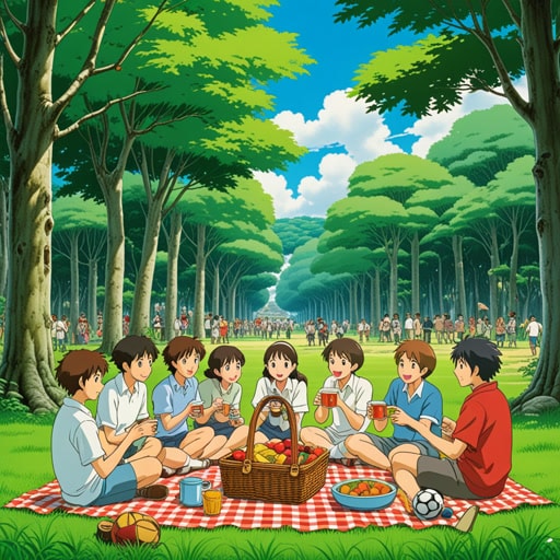 从前,一群朋友决定去野餐。他们准备了食物和饮料,前往公园。到达后,他们看到另一群人在踢足球。'我们邀请他们加入我们吧,'一个朋友建议道。他们向他们喊话,很快两群人一起享受野餐。