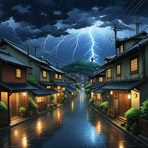 一个夏日的傍晚,一场雷暴逼近了这个小镇。天空变暗,闪电照亮了云层。响亮的雷声促使每个人都留在室内。随着雷暴的过去,雨水冷却了空气,镇上的人们走出来享受这清新的氛围。