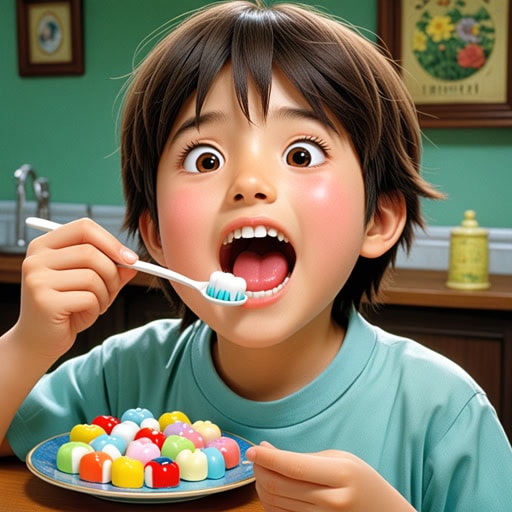 从前,有一个叫蒂姆的男孩非常喜欢吃甜食。一天,他吃了太多糖果,牙齿开始痛。他去看牙医,牙医发现他的一颗牙齿有蛀牙。牙医给他的牙齿补了洞,蒂姆学到了刷牙和少吃糖的重要性。