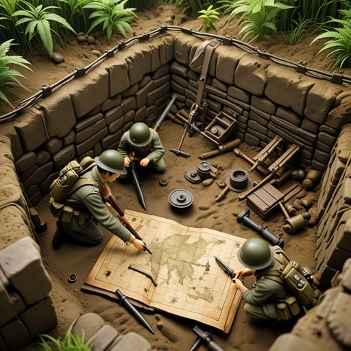 在第一次世界大战期间,士兵们严重依赖战壕进行保护。一天,一个名叫杰克的年轻士兵被指派在战场的另一部分挖战壕。当他挖掘时,他发现了一张旧地图,这张地图引导他找到了一个隐藏的地堡。地堡里装满了补给和一个秘密信息,这个信息帮助扭转了战争的局势。