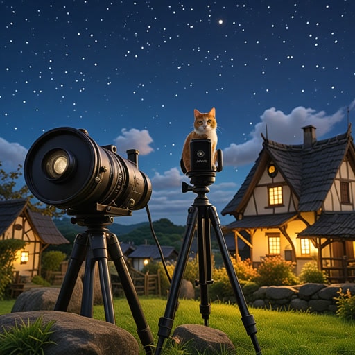 在一个小村庄里,有一位老摄影师名叫约翰。约翰喜欢拍摄星空的美景。一天晚上,他设置好相机在一个坚固的三脚架上,准备捕捉银河的壮丽。当他调整设置时,一只好奇的猫撞倒了三脚架,导致相机掉落。幸运的是,约翰及时救回了他的相机和三脚架,而那只猫也学会了不再打扰设备。