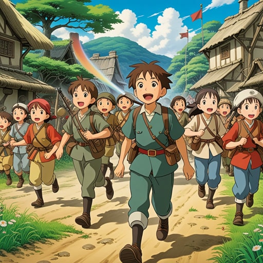 在一个小村庄里,驻扎着一群士兵保护村民。一天,一伙强盗接近村庄,促使士兵们成群结队地出去迎战。村民们看着士兵们在勇敢的队长带领下整齐地行进。纪律严明的队伍景象激励了村民,他们为士兵们加油。士兵们成功地赶走了强盗,确保了村庄的安全。
