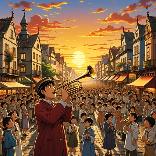在一个小镇上,有一位著名的号手名叫杰克。杰克以其充满感情的喇叭演奏而闻名。一天,在节日期间,杰克被要求演奏一首特别的曲子。当他演奏时,天空似乎以美丽的日落回应,人群感动得流下了眼泪。杰克的喇叭成为了小镇精神的象征。