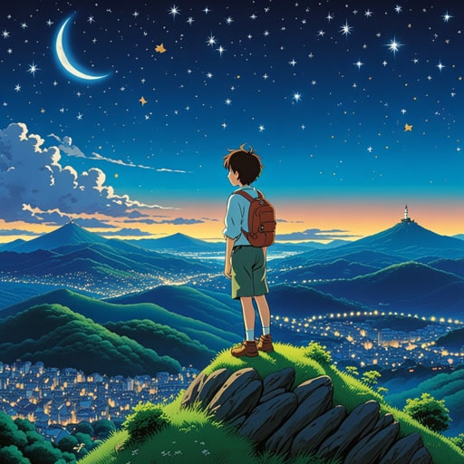 从前,有个小男孩名叫蒂姆,他感到很沮丧。他的朋友建议说:‘我们上山去看星星吧。’ 当他们爬上山时,蒂姆的心情变得愉快起来。仰望夜空,他感到一种惊奇,心情也变得明朗起来。