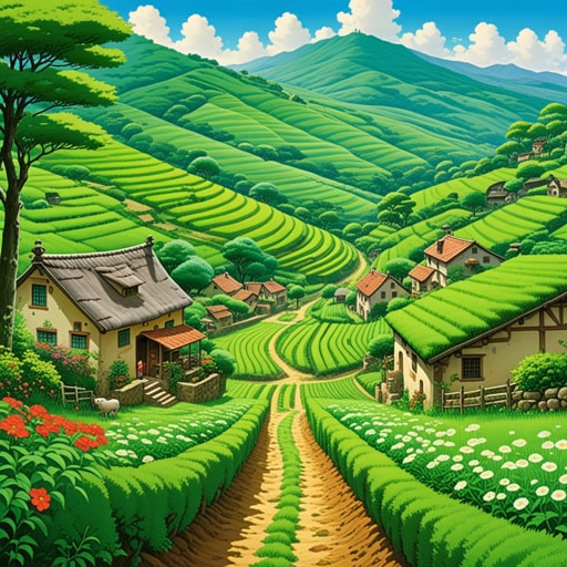 在丘陵地带的心脏地带,有一个以宁静美丽著称的小村庄。村民们过着简单的生活,耕种着肥沃的高地土壤。一天,一位旅行者来到这个村庄,被郁郁葱葱的绿色和凉爽的微风所震撼。他决定留下来学习高地农业的方法,最终发现了一个隐藏的泉水,使土地更加肥沃。