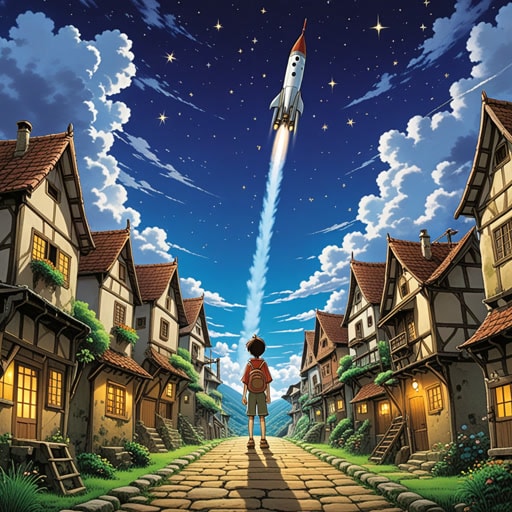 在一个小村庄里,有一个名叫杰克的男孩梦想着触摸星星。每天晚上,他都会仰望天空,想象自己在星星间飞翔。一天,他决定建造一枚火箭来实现他的梦想。通过努力和决心,杰克的火箭终于向上发射,带着他的梦想一起飞向天空。