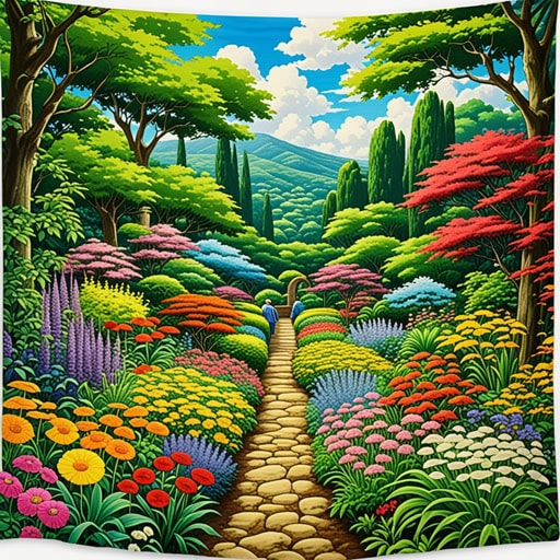 在一个色彩斑斓的花园里,每株植物都是鲜艳色彩的混合体,住着一位智慧的老园丁。他喜爱那些斑驳的叶子和花朵,每一种颜色似乎都在讲述一个不同的故事。一天,一位访客问他为什么选择如此多彩的植物。园丁微笑着说:'每种颜色代表一个记忆,一个时间的瞬间,它们共同编织成生命的织锦。'
