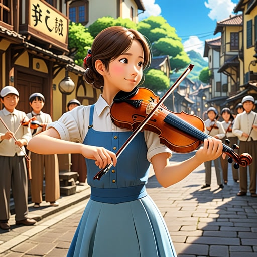 从前在一个小镇上,住着一位才华横溢的小提琴演奏者安娜。她的音乐如此迷人,能够感动人们落泪。一天,一位著名的指挥家访问了这个小镇,并听到了安娜的演奏。被她的技艺所打动,他邀请她加入他的乐团。安娜作为小提琴演奏者的旅程,从一个小城镇带她走上了世界的大舞台,在那里她继续用她的小提琴迷住了观众。