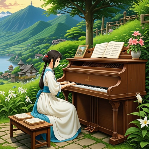 在一个古朴的村庄里,住着一位名叫莉莉的年轻女子,她以其纯洁的美貌和弹奏大键琴的才华而闻名。一天晚上,在村庄的节日中,莉莉弹奏了一首如此纯净和迷人的旋律,它俘获了每个人的心。她的表演不仅展示了她的技艺,还展现了她未受玷污的、纯真的灵魂。