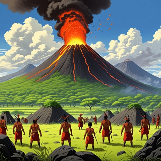 在一个火山众多的土地上,居住着一个崇拜火之力的部落。一天,火山爆发促使部落寻找庇护。当他们逃离时,目睹了火山熔岩重塑地貌的原始力量。部落的萨满受此启发,编写了一个关于火山精灵的故事,它既创造又毁灭,教导部落尊重自然的力量。