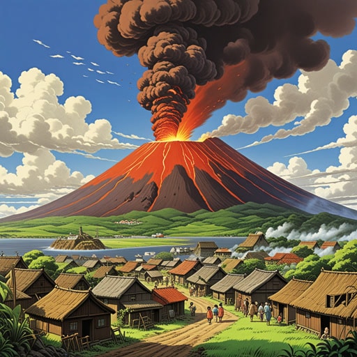 在一个火山岛的心脏地带,有一个村庄常年生活在火山作用的威胁之下。一天,村民们注意到了火山周围不寻常的活动,促使他们撤离。当他们离开时,火山爆发了,展示了火山作用的威力。及时的撤离使整个村庄免于灾难。