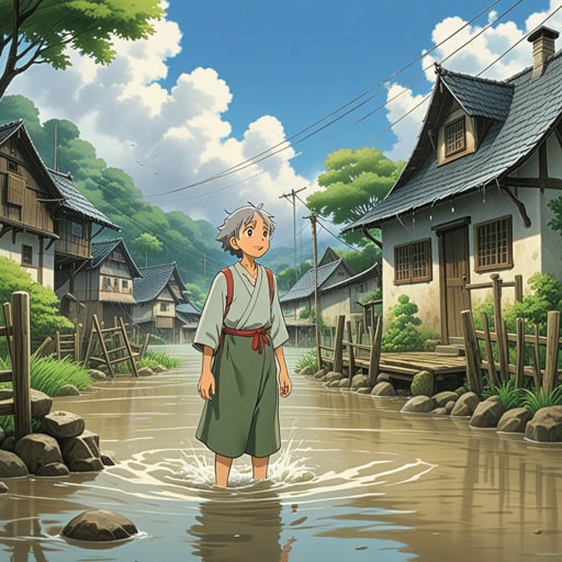从前,在一个小村庄里,有一个名叫杰克的男孩。一天,大雨导致附近的河流泛滥,难以穿越。杰克决定涉水过河,到达对岸他祖母的家。当他涉水时,水深及腰,但他坚持不懈,最终到达,让担心洪水的祖母感到惊讶。杰克勇敢地涉水过洪水的决心显示了他坚强的性格。
