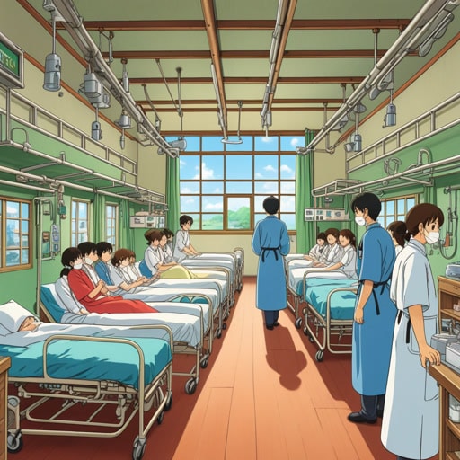 在一个小镇上,有一个以优质护理著称的医院病房。一天,一种神秘的疾病袭击了小镇,每个人都被告知要通过待在室内来避开这种疾病。医院的工作人员不知疲倦地保护和治疗病人,确保病房仍然是一个安全的避风港。多亏了他们的努力,小镇最终克服了危机。