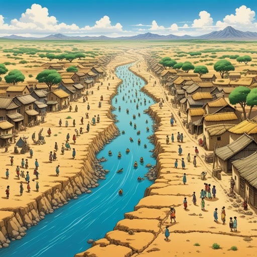 在一个被广阔沙漠包围的小村庄里,水道是生命线。每天早晨,村民们都会沿着水道收集一天所需的水。有一天,一场严重的干旱威胁到了水道,促使村民们团结起来保护它。他们的努力不仅挽救了水道,也加强了社区的联系。