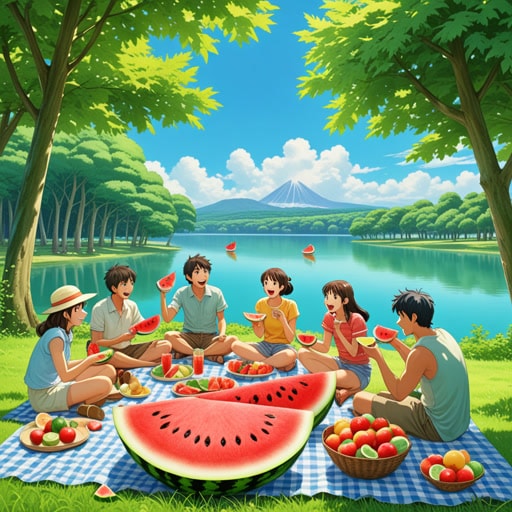在炎热的夏天,一群朋友决定在湖边野餐。他们带了一个大西瓜,切成片,在树荫下享用。甜美清爽的西瓜不仅解了他们的渴,也给聚会带来了欢乐和笑声。