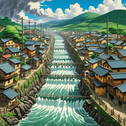 在一个小镇上,主要的电力来源是水力发电。这个镇有一个大型水坝,利用河流的能量为家庭和企业供电。一天,一场严重的风暴导致河流泛滥,增加了水力,产生了比以往更多的电力。镇上的人们对他们的水力发电系统的效率感到惊讶。