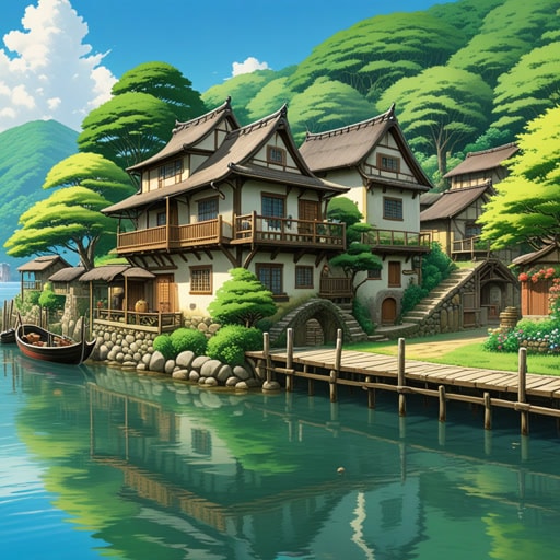 从前,有一个美丽的村庄位于水边。村民们享受着这个地方的宁静和风景。一天,一位旅行者来到这个村庄,被水边的宁静氛围所吸引。他决定留下来,在那里建一所房子,享受水边宁静的生活。