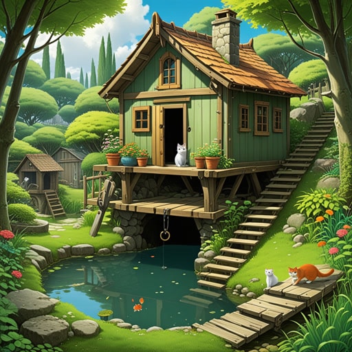 从前,一只名叫胡须的好奇猫在家里探险。他看到一个神秘的盒子,好奇地想:‘里面是什么?’他跳进去发现了一张藏宝图。地图引导他到一个隐藏的花园,在那里他找到了他一直在寻找的东西:一个大鱼池。
