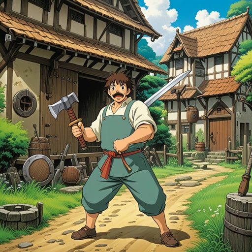 在一个小村庄里,住着一个名叫约翰的铁匠。约翰以精准使用锤子而闻名。一天,村庄遭到攻击,约翰不仅要用他的锤子,还要用剑来保卫家园。他使用这两种工具的技巧拯救了村庄免受入侵者的侵害。