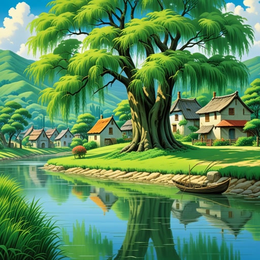 在一个宁静的村庄里,河边有一棵美丽的柳树。它的枝条在微风中轻轻摇摆,为村民们提供阴凉和舒适。一天,一位年轻的艺术家被柳树的优雅所启发,画下了它,捕捉到了它宁静的美。这幅画变得有名,柳树成为了和平与宁静的象征。
