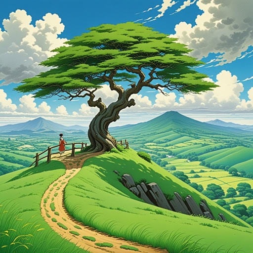 从前,在一个风蚀的山丘上,有一棵孤独的小树。强风将其塑造成独特的形态,使其枝条优雅地弯曲。一天,一位旅行者为了躲避风,在这棵树下找到了安慰。尽管这棵树被风吹扫,但它为疲惫的旅行者提供了一个避风港。