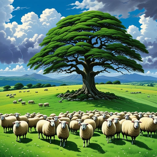 从前,在荒野的心脏地带,住着一个名叫杰克的牧羊人。每天,他都会带领他的羊群穿过广阔开阔的田野,享受荒野的宁静。一天,一场突如其来的暴风雨逼近,促使杰克为他的羊群寻找避难所。当他们挤在一棵大橡树下时,杰克意识到荒野的美丽和宁静,即使在面对逆境时也是如此。