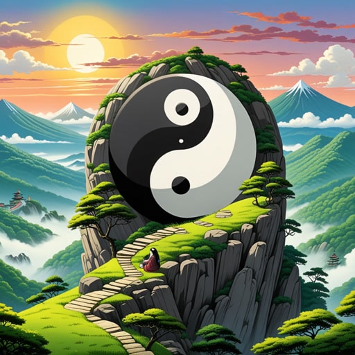 在古代中国,智慧的哲学家观察到自然界中阴阳的平衡。阴,代表女性和被动的能量,常被描绘为山的凉爽、阴暗面。一天,一位年轻的学者为了寻求智慧,爬上山并在阴面冥想。他领悟到理解阴阳之间的平衡是生活中和谐的关键。