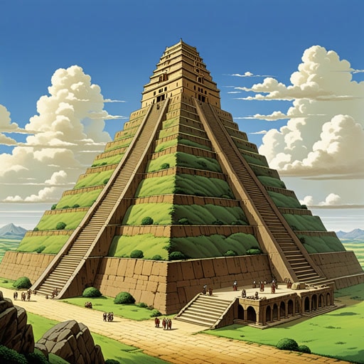 在古代美索不达米亚,人们建造了壮丽的金字形神塔来尊崇他们的神。这些高耸的结构,带有阶梯式的平台和顶部的寺庙,不仅是他们建筑技能的证明,也是他们虔诚的象征。一天,一位年轻的建筑师阿拉恩被指派设计一座新的金字形神塔。受到现有神塔的宏伟启发,他不知疲倦地工作,确保每一个细节都完美无缺。他的金字形神塔建成后,成为希望的灯塔,提醒人们与神性的联系。